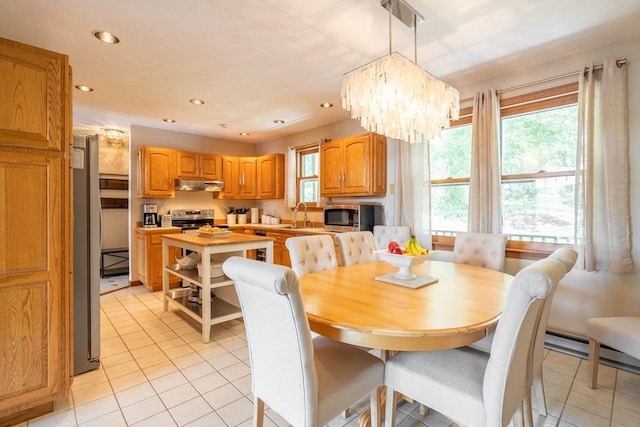 92 Wallace Ave, Auburn, MA 01501 - dining area featuring plenty of natural light, light tile patterned flooring, a chandelier, and recessed lighting