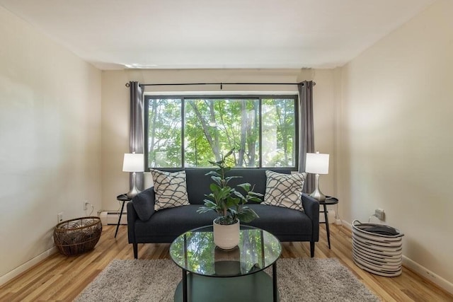 living room with baseboards, baseboard heating, and wood finished floors