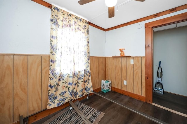 interior space with dark hardwood / wood-style floors, ceiling fan, and wood walls