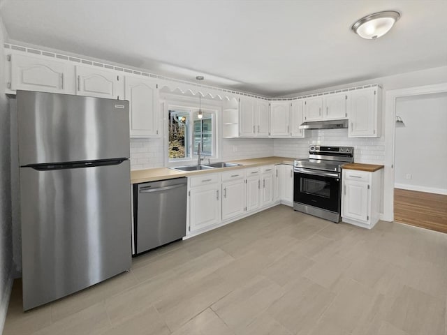 58 Morse Ave, Brockton, MA 02301 - kitchen with appliances with stainless steel finishes, a sink, white cabinetry, backsplash, and under cabinet range hood