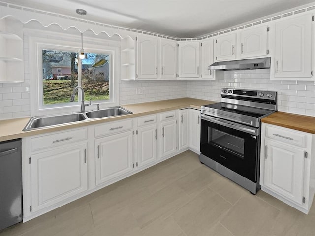 58 Morse Ave, Brockton, MA 02301 - kitchen with under cabinet range hood, open shelves, a sink, and electric stove