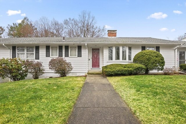 1 Dubiel Dr, Worcester, MA 01609 - ranch-style house with a chimney, roof with shingles, and a front yard