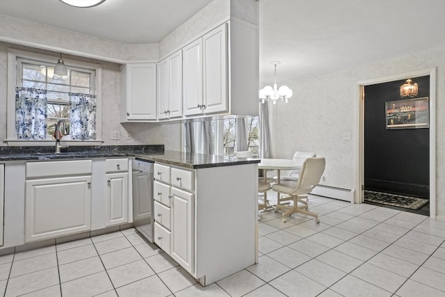 kitchen featuring a baseboard radiator, light tile patterned floors, dishwasher, an inviting chandelier, and white cabinets