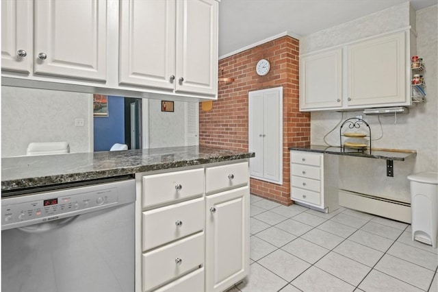 kitchen featuring a baseboard heating unit, dishwasher, white cabinetry, and light tile patterned flooring