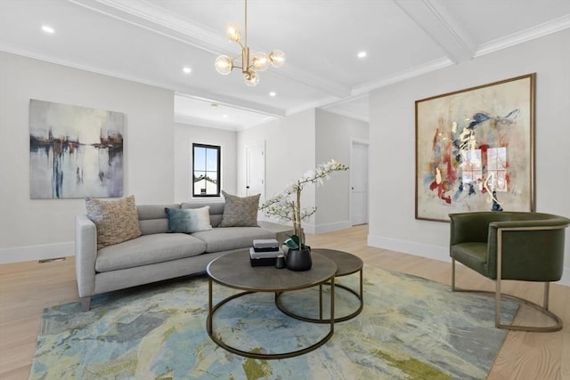 40 Maplewood Unit 40, Boston, MA 02132 - living room featuring a notable chandelier, light wood-style flooring, baseboards, beamed ceiling, and ornamental molding