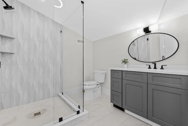 40 Maplewood Unit 40, Boston, MA 02132 - bathroom featuring toilet, tiled shower, vanity, lofted ceiling, and marble finish floor