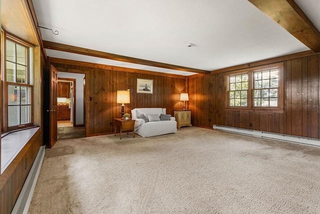 5 Villa Ln, Peabody, MA 01960 - unfurnished room featuring baseboard heating, a baseboard radiator, wooden walls, carpet floors, and beam ceiling