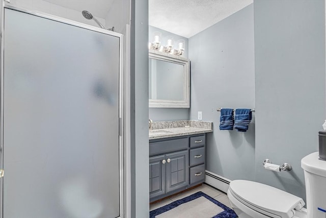 16 Vanderbelt Rd, Acton, MA 01720 - full bathroom featuring baseboard heating, toilet, a stall shower, and vanity