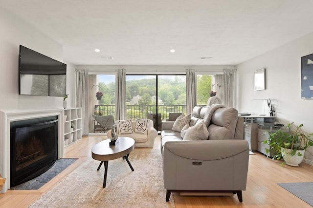 116 Mill Pond Unit 116, North Andover, MA 01845 - living room with light wood finished floors, plenty of natural light, a fireplace with flush hearth, and recessed lighting