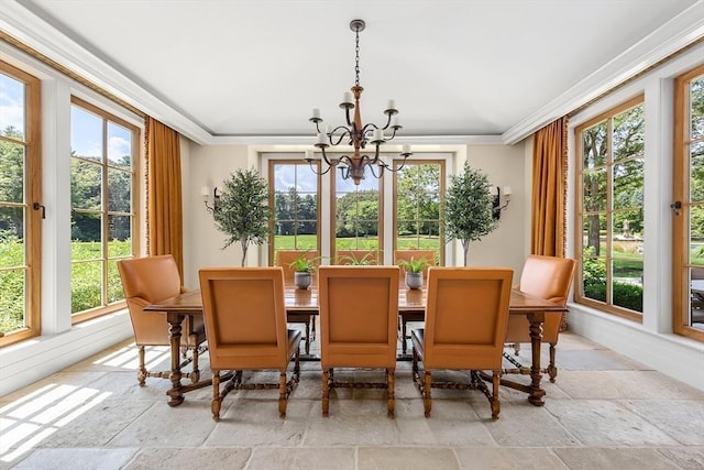 180 Ash St, Weston, MA 02493 - dining area featuring stone tile floors, a chandelier, and crown molding