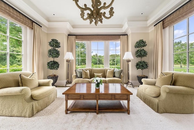 180 Ash St, Weston, MA 02493 - carpeted living room featuring baseboards, a chandelier, and ornamental molding