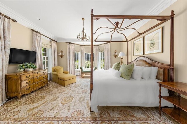 180 Ash St, Weston, MA 02493 - bedroom featuring crown molding, access to exterior, and a chandelier