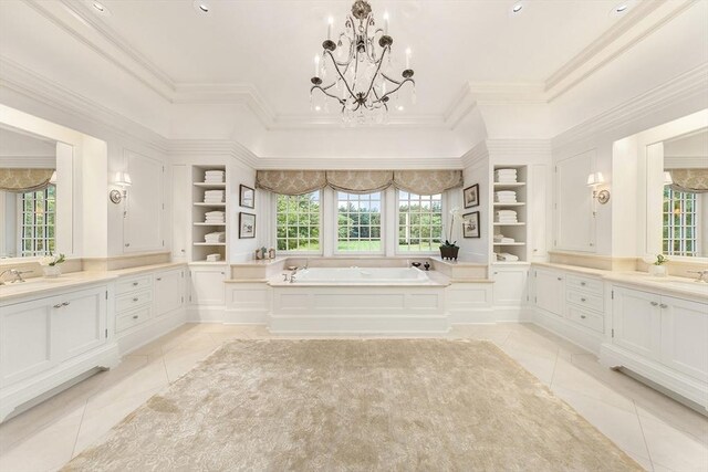 180 Ash St, Weston, MA 02493 - full bathroom featuring built in shelves, a chandelier, tile patterned flooring, a garden tub, and ornamental molding