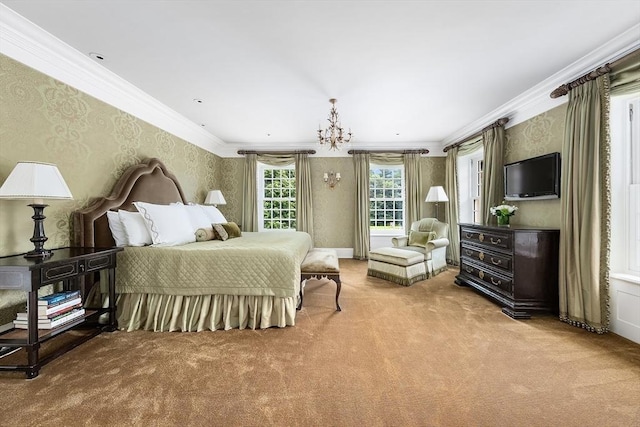 180 Ash St, Weston, MA 02493 - bedroom featuring wallpapered walls, carpet floors, ornamental molding, and a chandelier