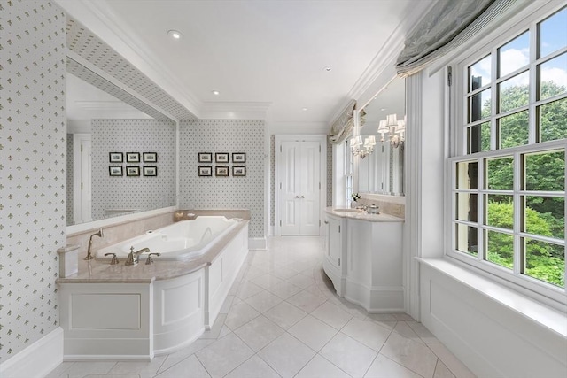 180 Ash St, Weston, MA 02493 - full bath with crown molding, healthy amount of natural light, wallpapered walls, a bath, and vanity