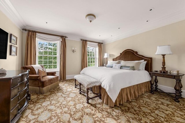 180 Ash St, Weston, MA 02493 - carpeted bedroom with crown molding, multiple windows, and baseboards