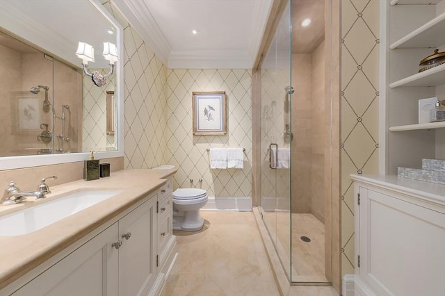 180 Ash St, Weston, MA 02493 - full bath featuring ornamental molding, a shower stall, toilet, vanity, and tile patterned flooring