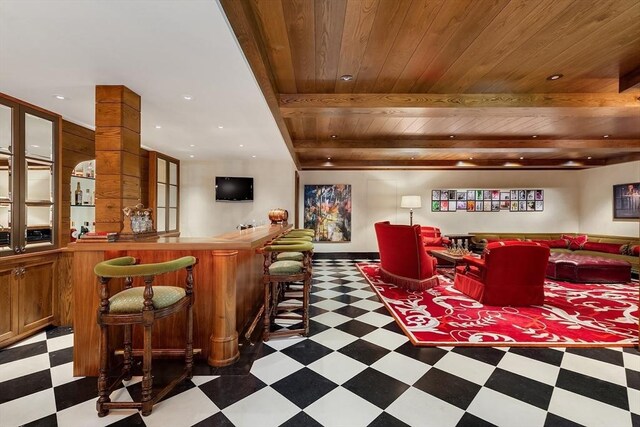 180 Ash St, Weston, MA 02493 - community bar area with tile patterned floors, wooden ceiling with exposed beams, and recessed lighting