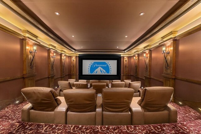 180 Ash St, Weston, MA 02493 - cinema room with recessed lighting, ornamental molding, a raised ceiling, and a decorative wall