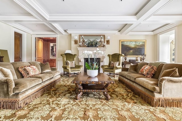 180 Ash St, Weston, MA 02493 - living area with coffered ceiling, a high end fireplace, crown molding, and beamed ceiling