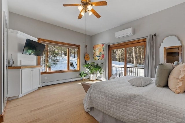 bedroom with light wood finished floors, a baseboard radiator, ceiling fan, a wall mounted air conditioner, and access to outside