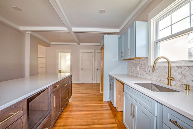 kitchen featuring backsplash, coffered ceiling, sink, light hardwood / wood-style flooring, and beamed ceiling