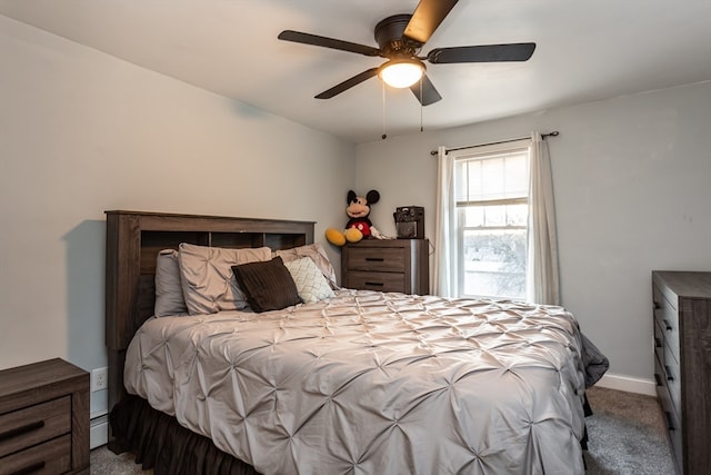 bedroom featuring ceiling fan, carpet, and a baseboard radiator