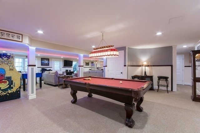 rec room with crown molding and billiards