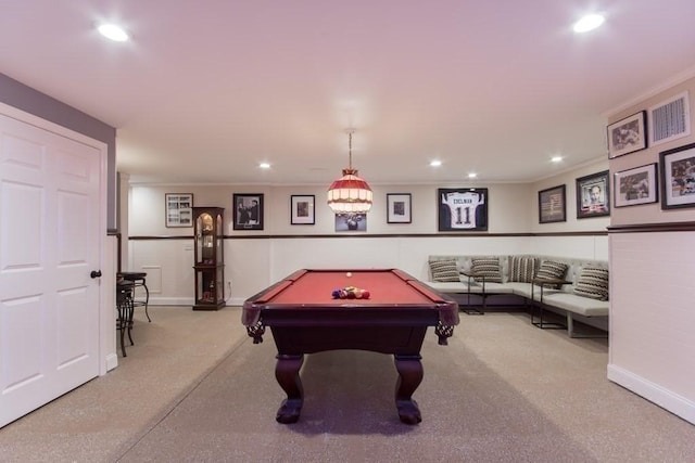 rec room with ornamental molding and billiards