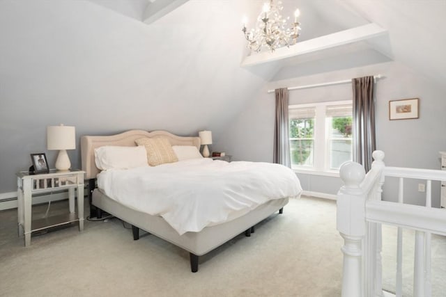 518 Washington St, Winchester, MA 01890 - carpeted bedroom featuring vaulted ceiling, a chandelier, and baseboard heating