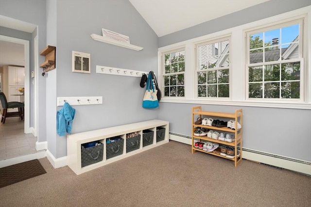 518 Washington St, Winchester, MA 01890 - mudroom with carpet flooring, lofted ceiling, and baseboards