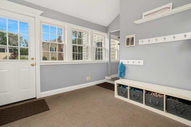 518 Washington St, Winchester, MA 01890 - mudroom featuring carpet flooring, vaulted ceiling, and baseboards