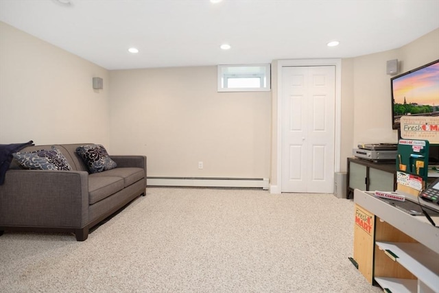 518 Washington St, Winchester, MA 01890 - living room with a baseboard radiator, carpet flooring, and recessed lighting