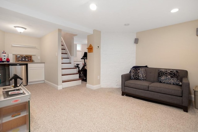 518 Washington St, Winchester, MA 01890 - living room featuring light colored carpet, stairs, recessed lighting, baseboards, and a bar
