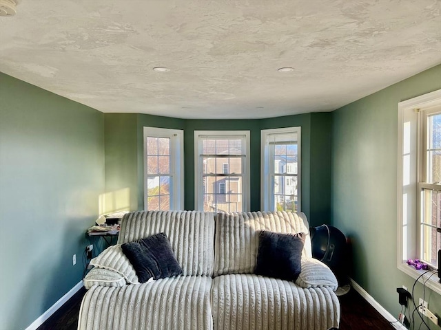 59 Sophia, Worcester, MA 01607 - living area featuring dark wood-style floors, baseboards, a textured ceiling, and a healthy amount of sunlight