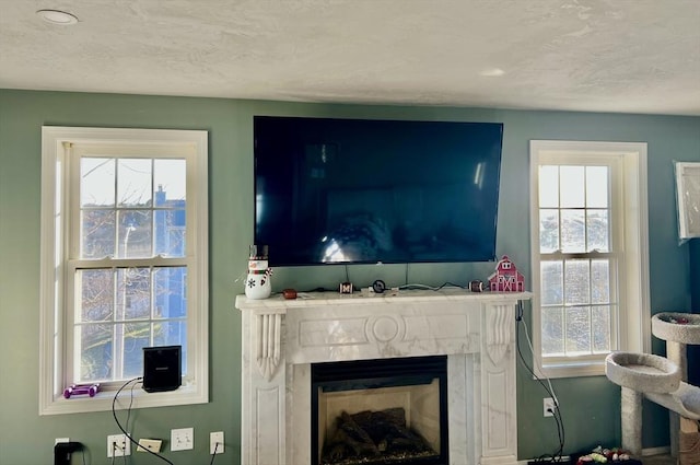 59 Sophia, Worcester, MA 01607 - living area with a textured ceiling, a fireplace, and plenty of natural light