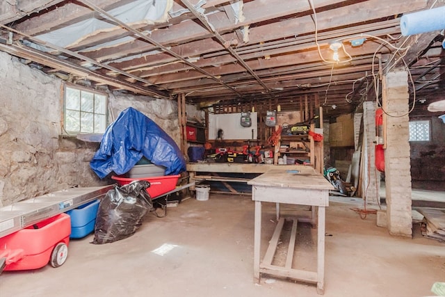 basement with a workshop area