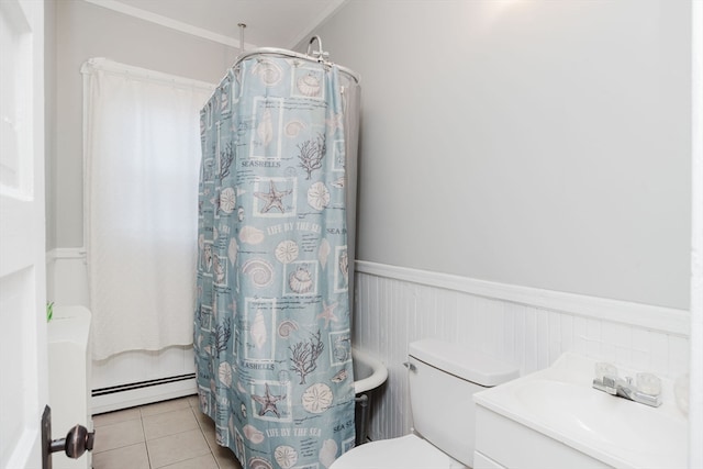 bathroom with vanity, a baseboard radiator, toilet, and a shower with curtain