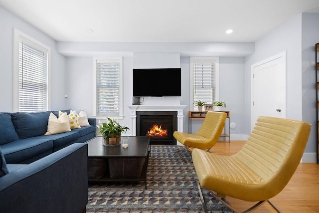 424-430 W 4th St Unit 428, Boston, MA 02127 - living room with a lit fireplace, wood finished floors, and recessed lighting