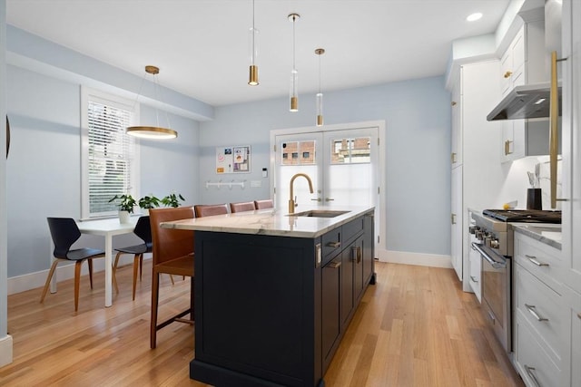 424-430 W 4th St Unit 428, Boston, MA 02127 - kitchen with stainless steel range, wall chimney exhaust hood, light wood-style flooring, and a center island with sink