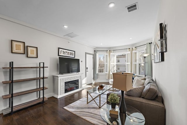 living room featuring dark wood-type flooring