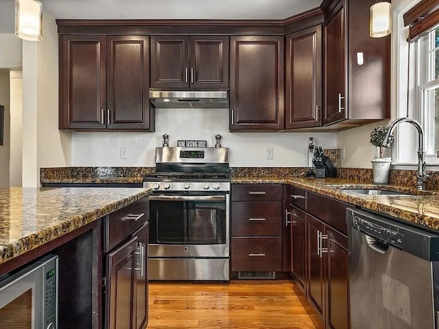 2 Carousel Ter, Dartmouth, MA 02747 - kitchen with stainless steel appliances, under cabinet range hood, a sink, dark stone countertops, and light wood-style floors