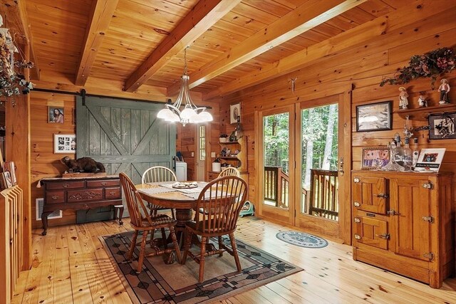 8 Turk Hollow Rd, Oxford, MA 01540 - dining space with wooden walls, beamed ceiling, wood ceiling, a barn door, and light wood-style floors