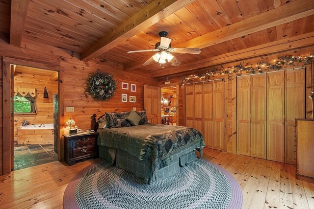 8 Turk Hollow Rd, Oxford, MA 01540 - bedroom featuring light wood finished floors, beam ceiling, wood ceiling, ensuite bathroom, and wood walls