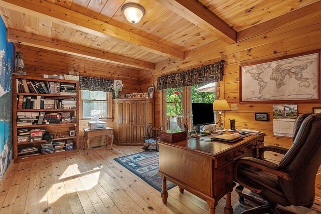 8 Turk Hollow Rd, Oxford, MA 01540 - office space featuring beam ceiling, light wood-style flooring, wood ceiling, and wood walls