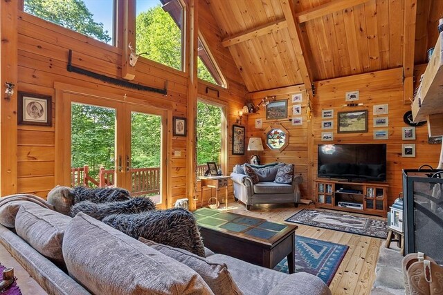 8 Turk Hollow Rd, Oxford, MA 01540 - living area with beamed ceiling, wood walls, wooden ceiling, high vaulted ceiling, and wood-type flooring