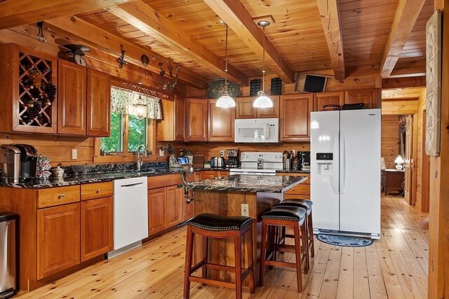 8 Turk Hollow Rd, Oxford, MA 01540 - kitchen with a sink, white appliances, beam ceiling, and light wood-style flooring