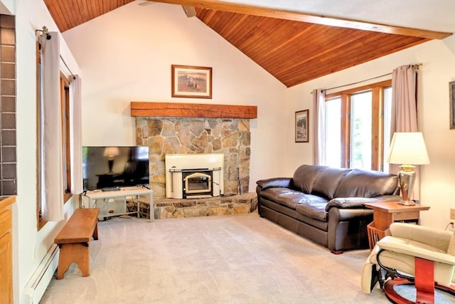 carpeted living area featuring wood ceiling, a baseboard radiator, and high vaulted ceiling