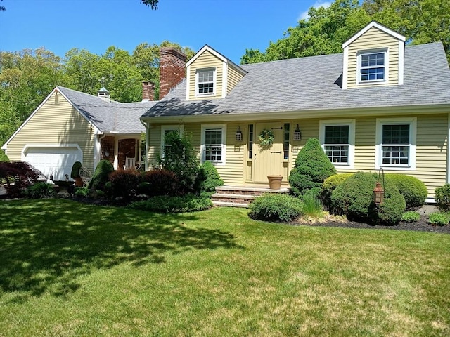 100 D Dr, Westport, MA 02790 - cape cod house with a garage, a front yard, a chimney, and roof with shingles