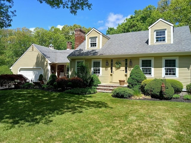 100 D Dr, Westport, MA 02790 - new england style home with an attached garage, a front lawn, a chimney, and a shingled roof